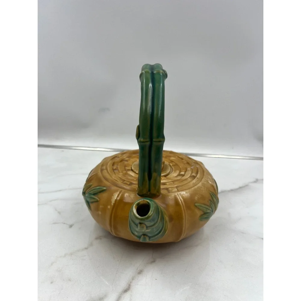 VTG Majolica Ceramic Teapot Bamboo Handle Frog Finial Yellow Green Decor